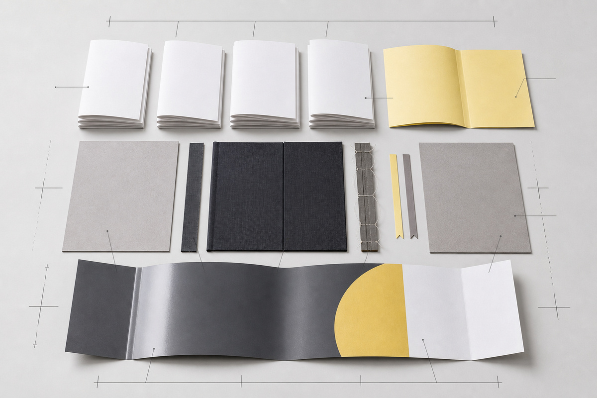 Exploded book signatures, endpapers, cover boards, and binding materials
