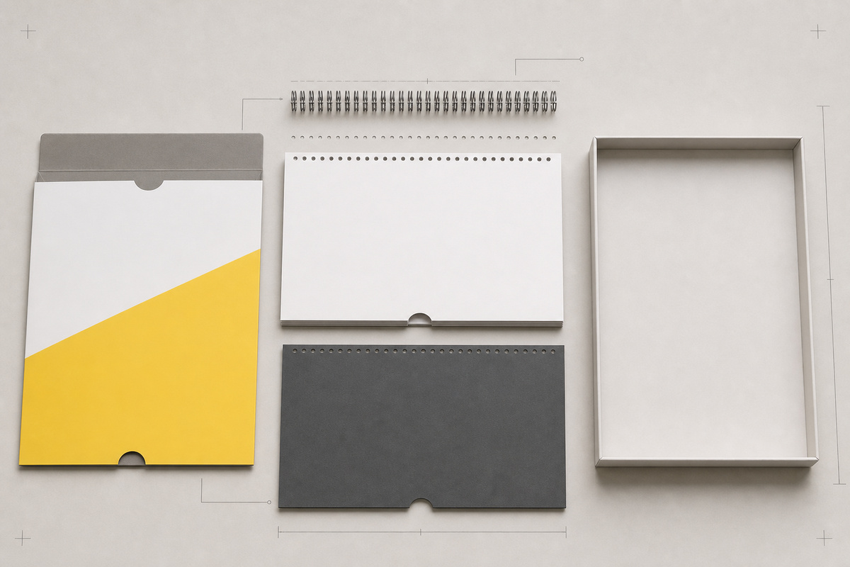 Exploded wire-bound calendar pages, backing board, sleeve, and presentation box