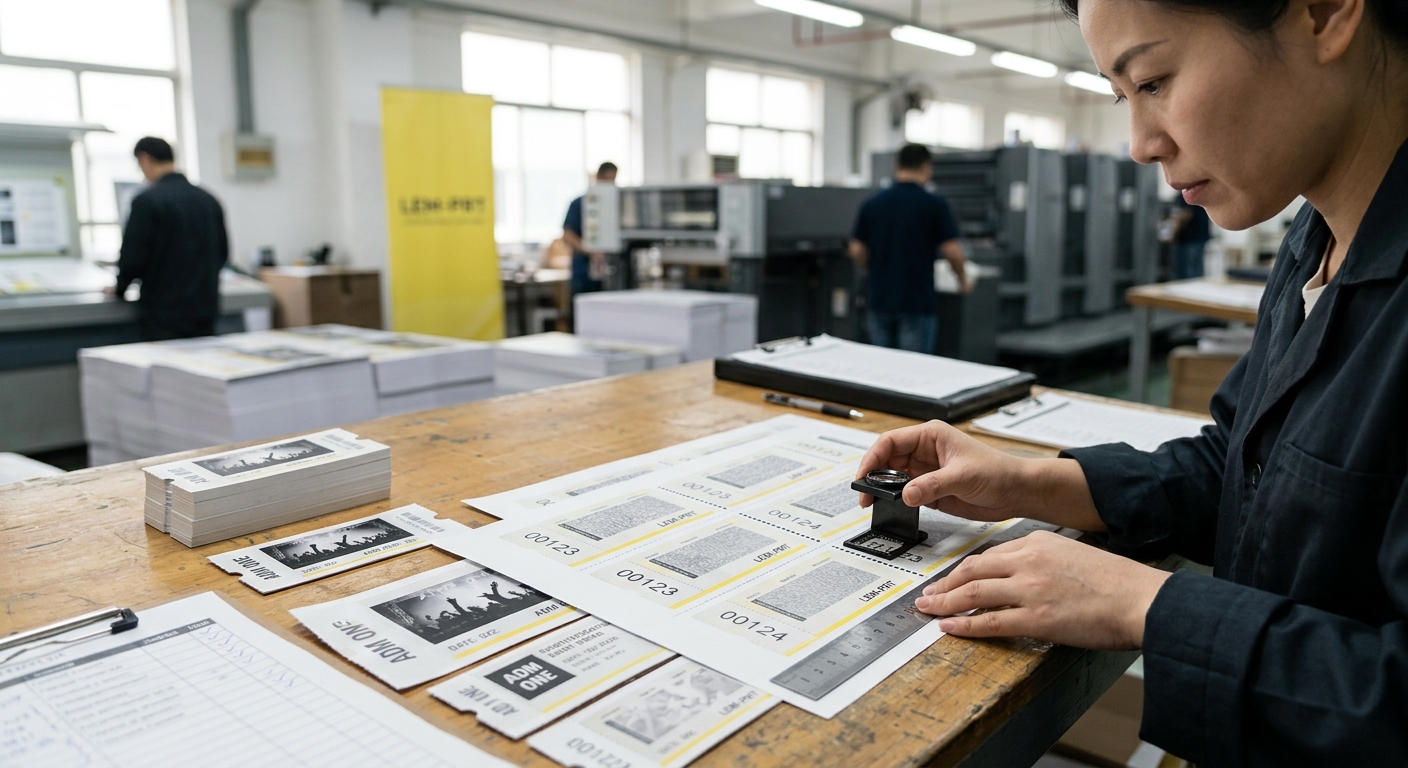 Quality inspection of ticket numbering, perforation, trim, color, and finishing