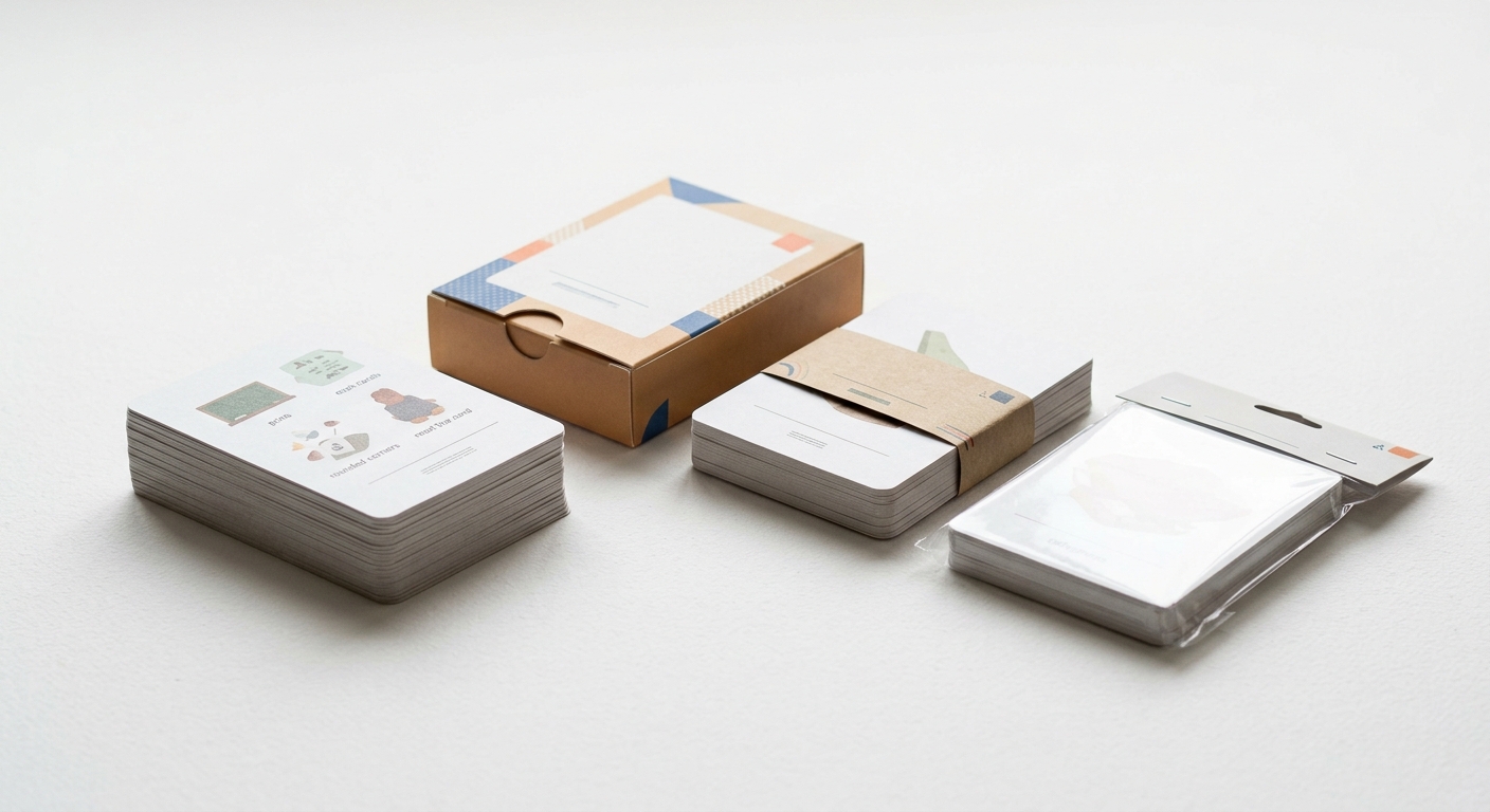 Tuck box, paper band, and wrapped bundle options for flash cards