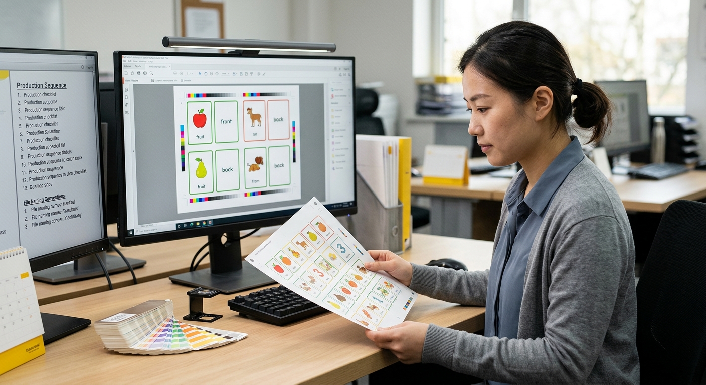 Prepress review of paired flash card fronts and backs
