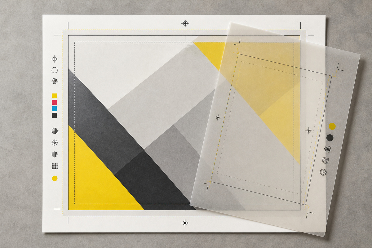 Top-down print proof with bleed, trim, safe-area and dieline geometry