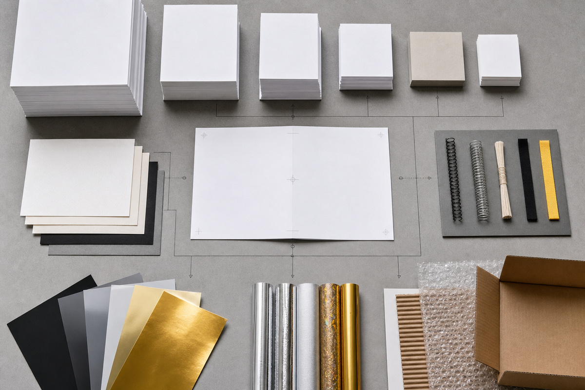 Top-down grid of paper stacks, binding, finishing, proofing, and packaging components