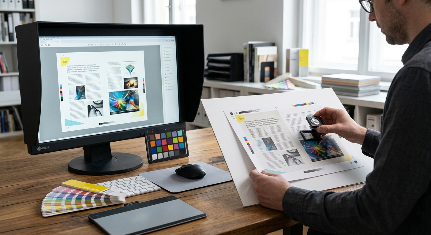 Screen PDF proof beside a physical printed proof