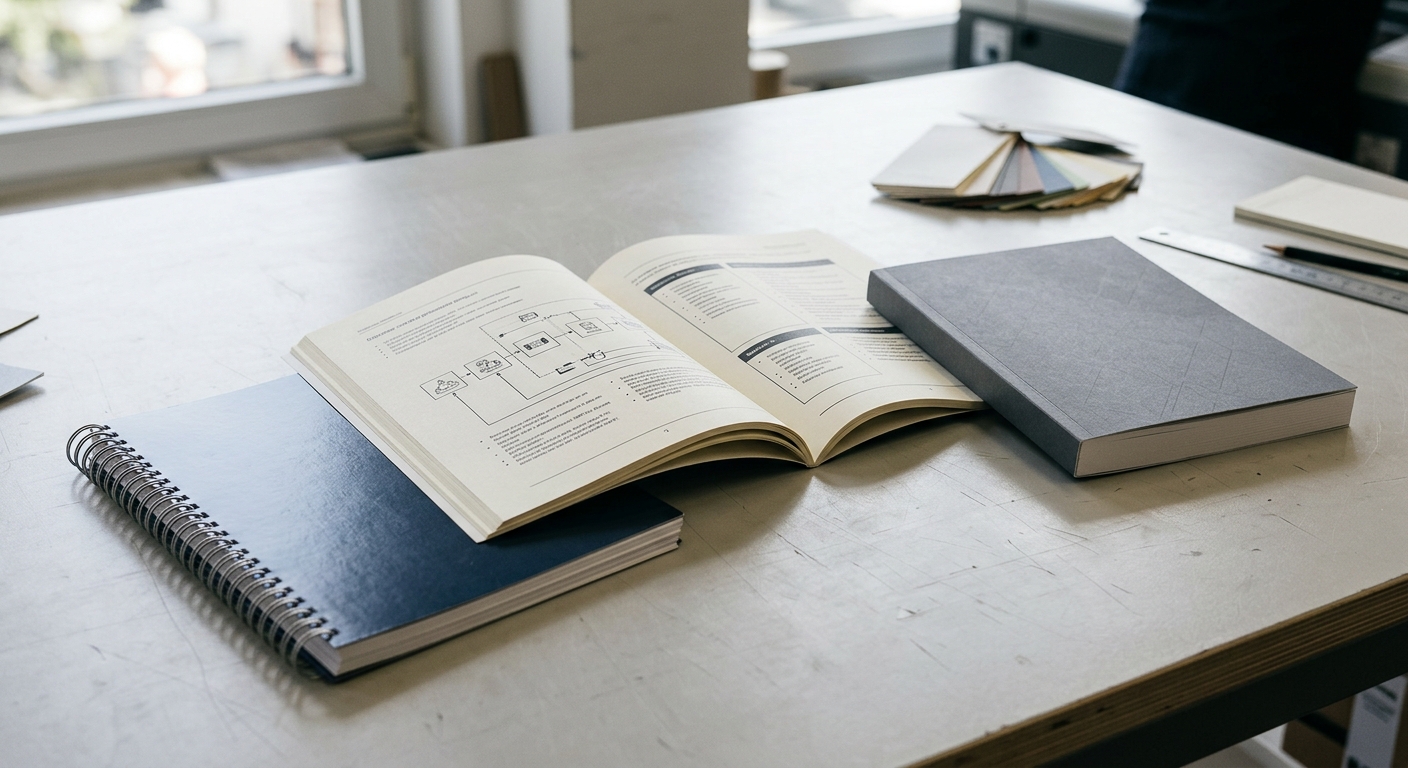 Open training workbook and closed manuals showing different binding profiles
