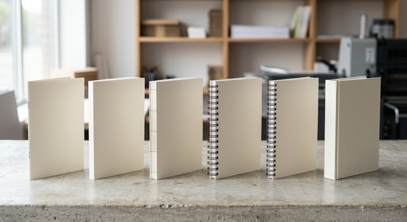 Sample books showing different manual and workbook binding types
